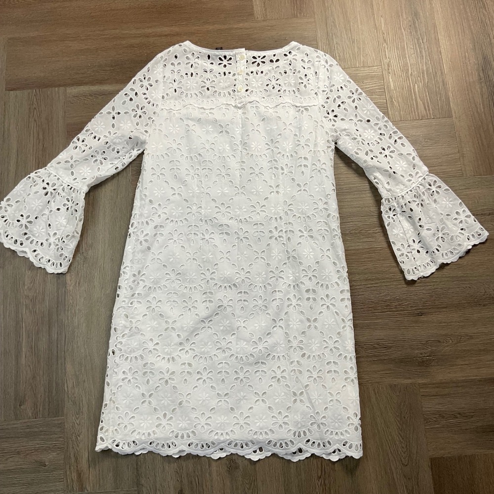 J.Crew Floral Eyelet Bell Sleeve Scalloped Hem Shift Dress Womens 6 White Boho - Picture 2 of 9
